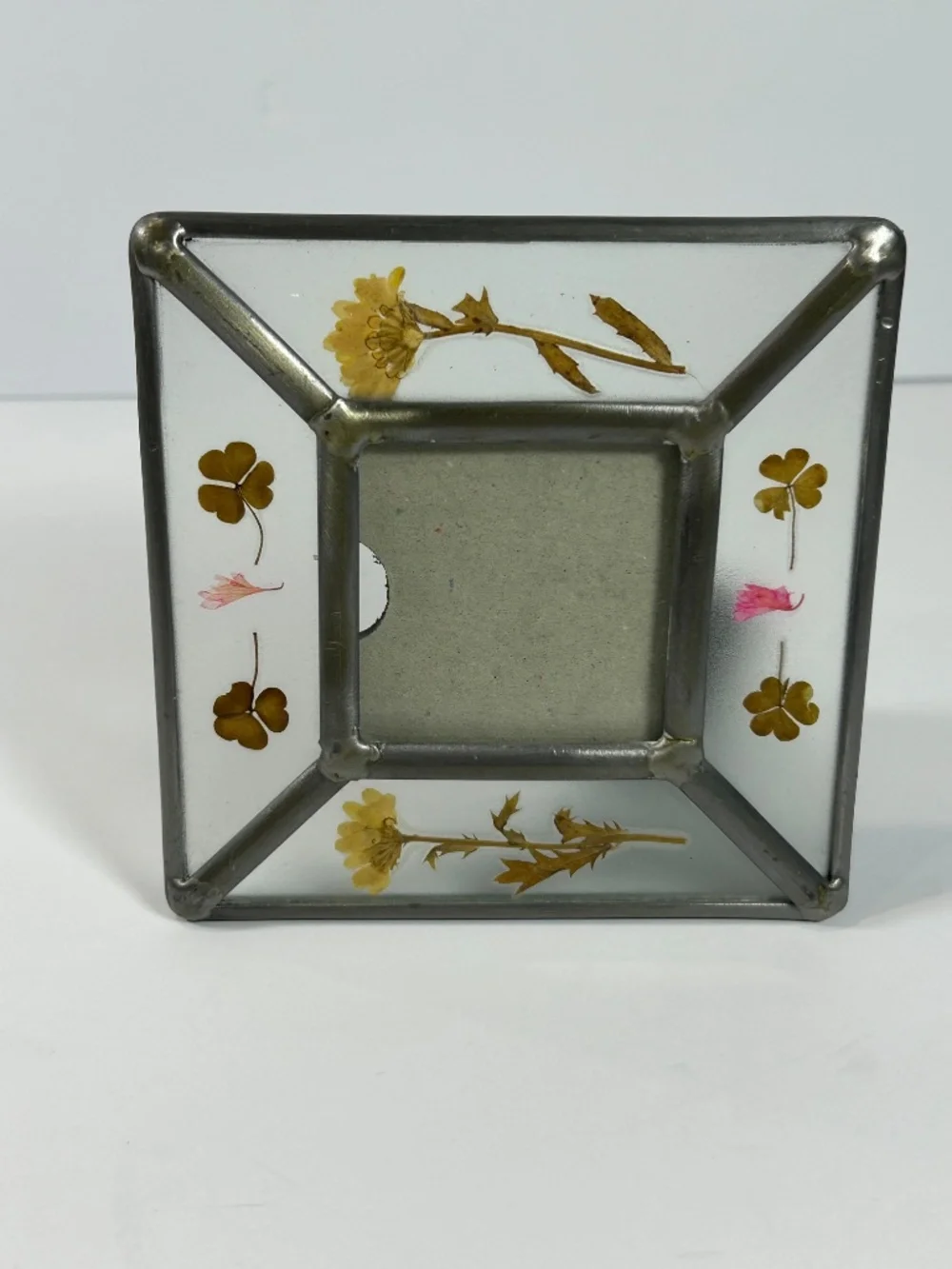 Vintage Lead & Glass Square Picture Frame with Dried Pressed Flower Rustic Charm